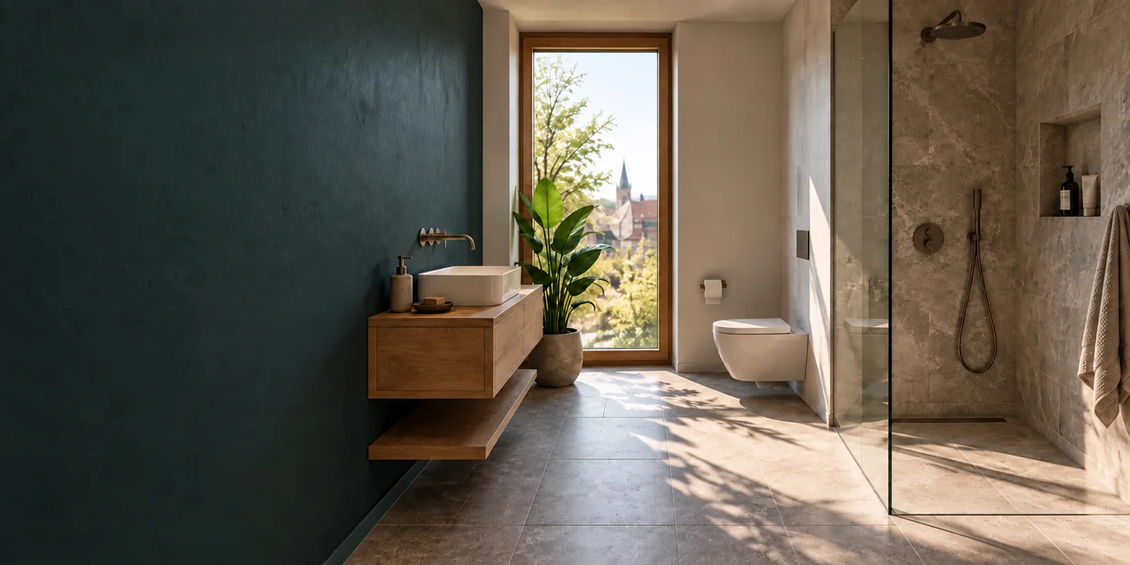 Architektonisches Bad mit ruhiger dunkler Wand und verglaster Dusche im Tageslicht