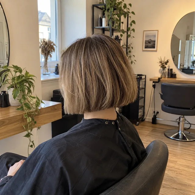 Frisch geschnittener dunkelblonder Bob, von hinten im Salonstuhl fotografiert