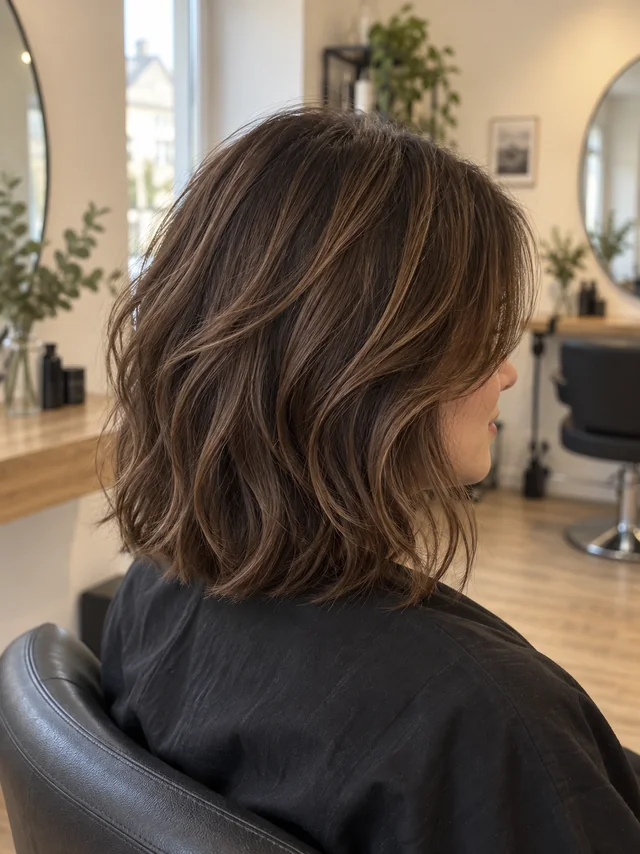 Brünette Haarstruktur und weiche Stufen von schräg hinten, bei Tageslicht im Salon